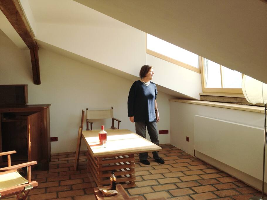 living room with an amazing view out of the dormer window