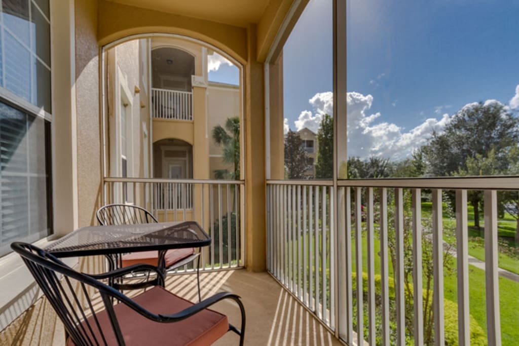 The lanai has outdoor furniture so you can relax while taking in the view
