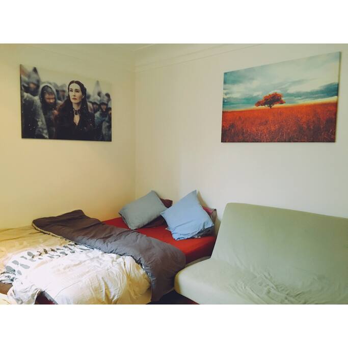 Large room with a queen size bled and two convertible sofas with excellent mattress