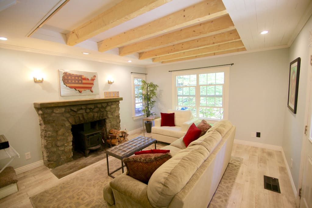 Living room with exposed beams and pull-out sofa bed