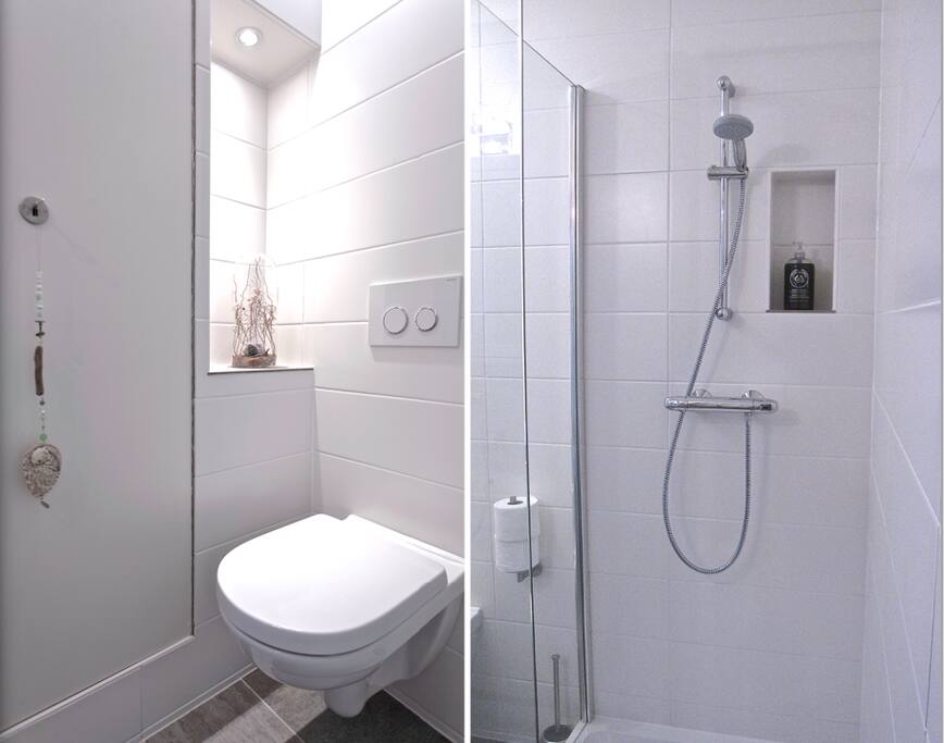 Private bathroom with shower and toilet. Lovely soaps and toiletries that you maybe forgot to bring:) *Eigen badkamer met douche en toilet. Zeep en toiletspullen die je misschien vergeten bent