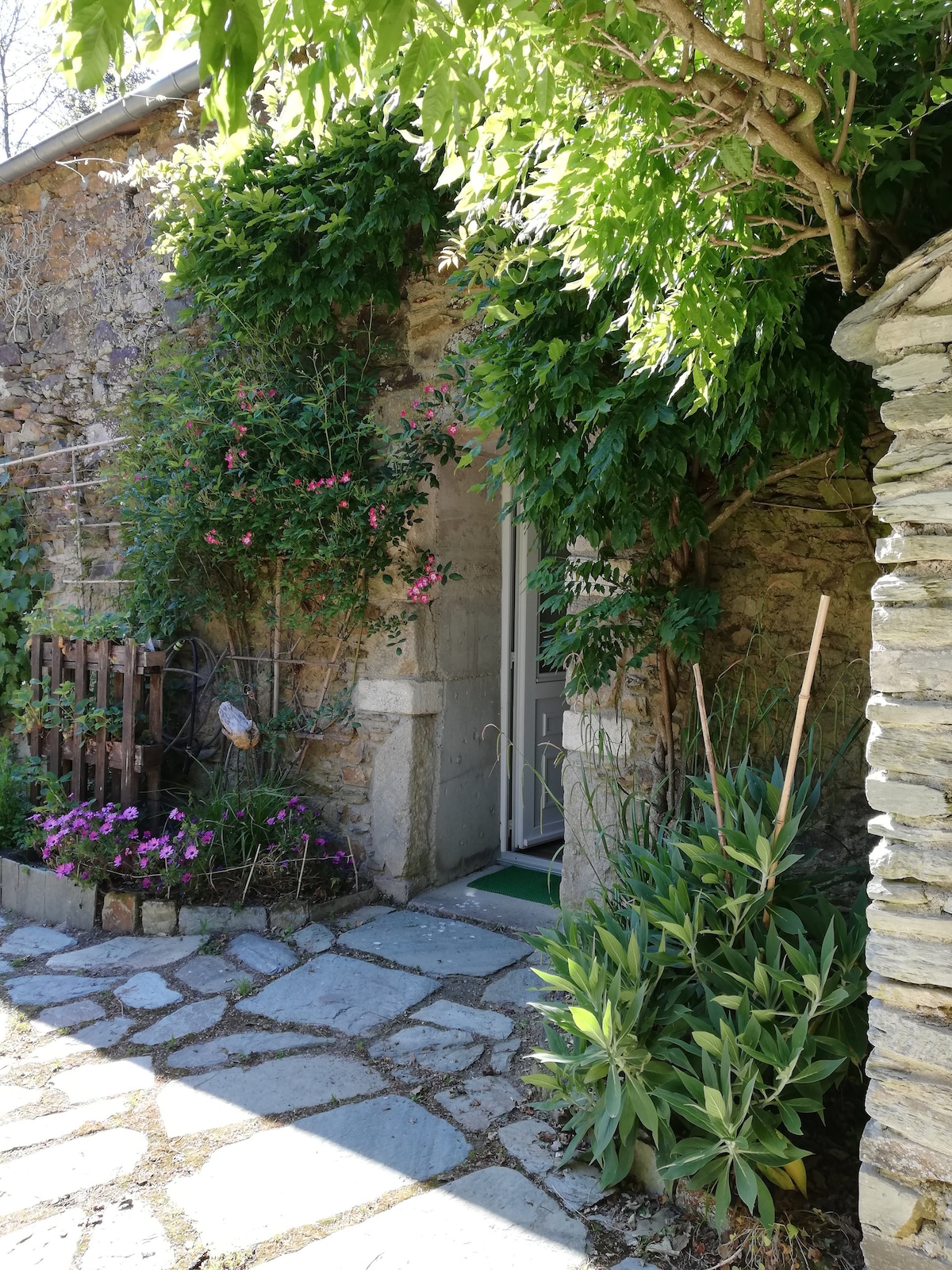 A stone pathway leads to an inviting entrance surrounded by lush greenery, including flowering plants and climbing vines. The entrance door, framed by foliage, offers a glimpse of the cozy exterior ambiance. Natural stone walls contribute to the rustic charm of this countryside setting.