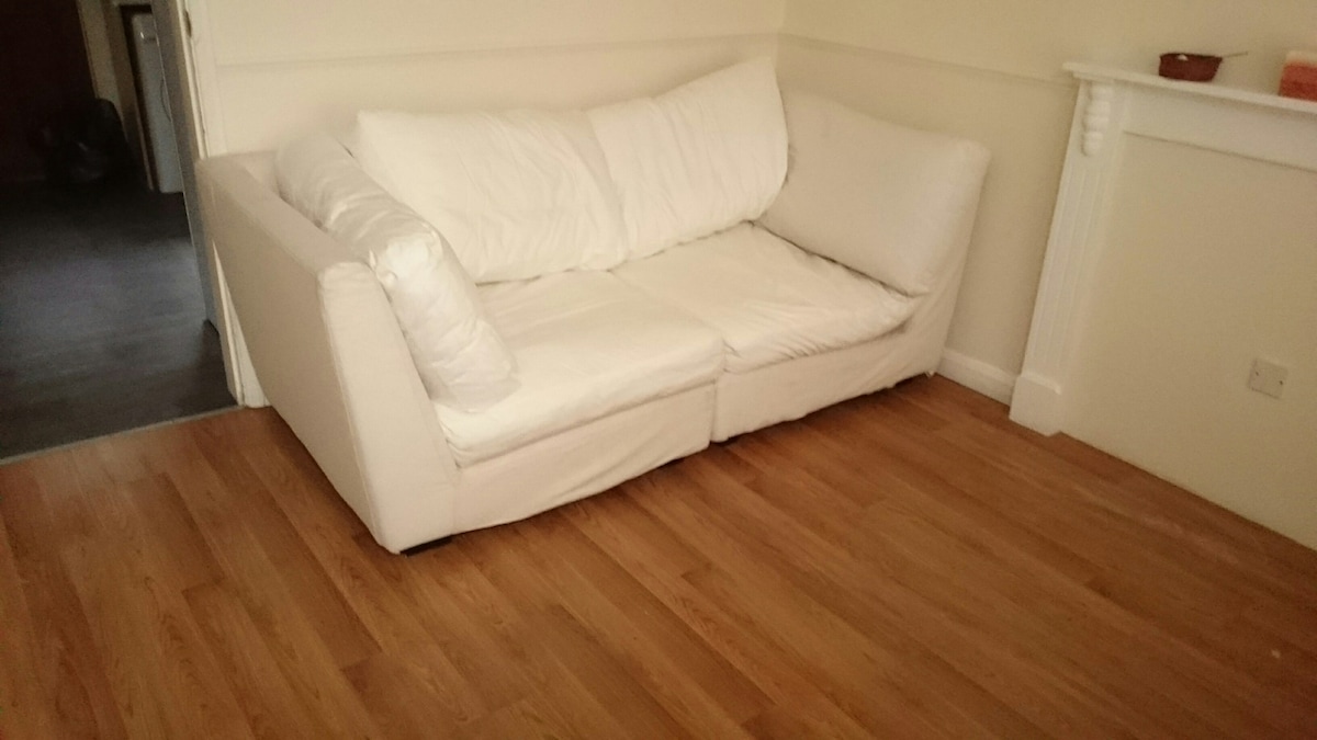 A light-colored sofa with plush cushions occupies a corner of the room. The surrounding area features smooth wooden flooring, creating an inviting and comfortable seating space. Soft natural light filters in, enhancing the atmosphere.