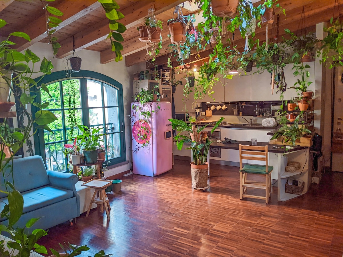 The living area features a spacious layout with wooden flooring and a cozy blue sofa. Green plants are suspended from the ceiling and arranged throughout the space, creating a lively atmosphere. A large pink refrigerator stands in the kitchen area, complemented by modern cabinetry and countertops.