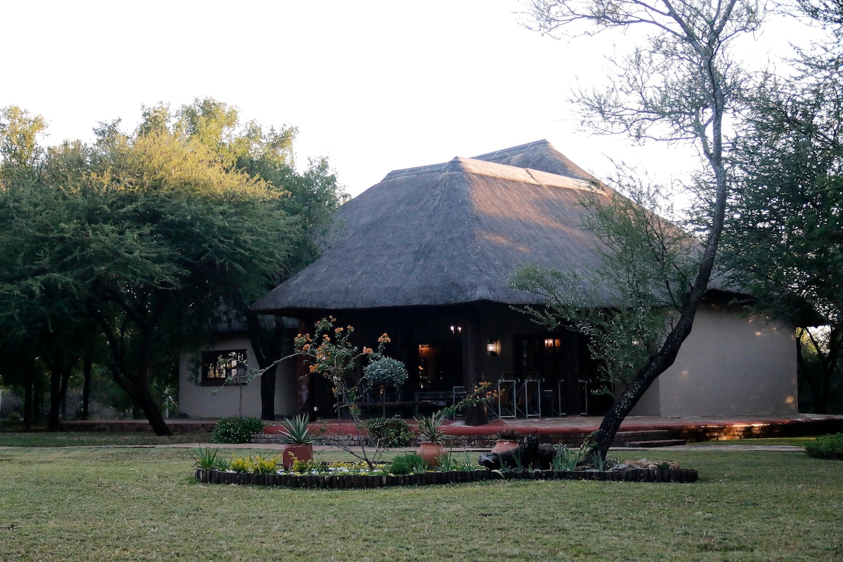 A thatched lodge is set amidst lush greenery, showcasing a spacious veranda lined with seating. Surrounding plants, including small trees and shrubs, create a natural ambiance. The exterior reflects a traditional design, blending harmoniously with the tranquil environment.