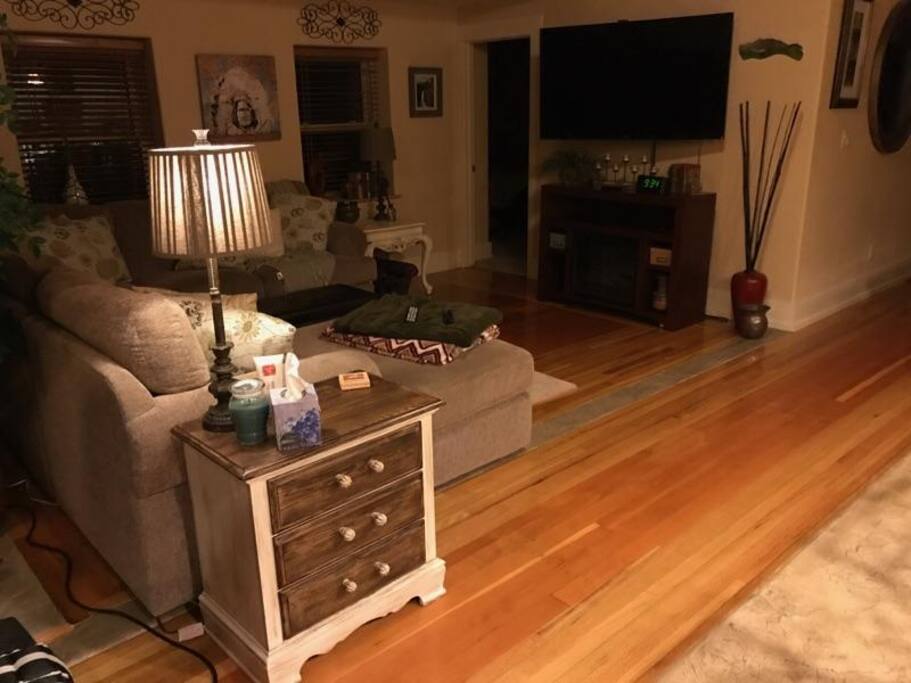 Large living room. DVD, Netflix, Roku. Plenty of floor space throughout to accommodate 2-4 others sleeping on the floor. Can provide inflatable beds