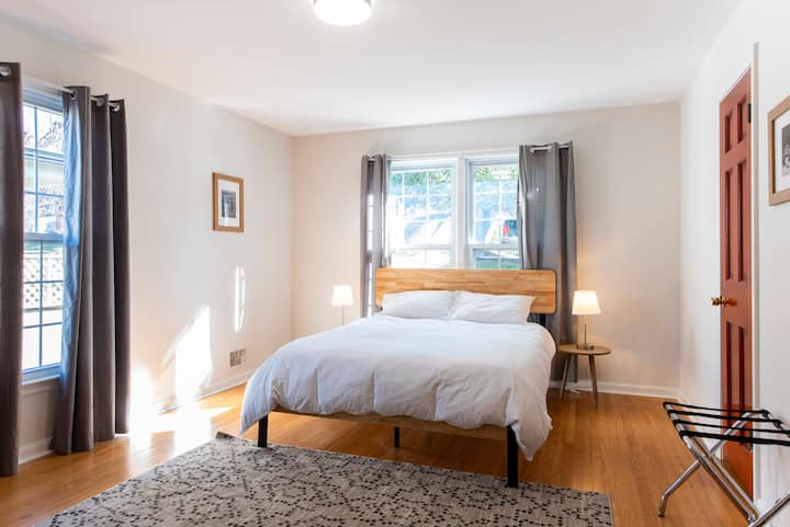 The downstairs master is one of the larger rooms. Bed features Casper Mattress!