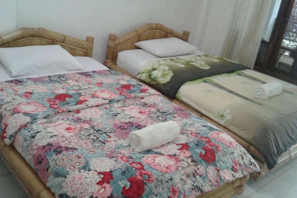 A Private Room w/ Twin Single Beds, Large Bathroom equiped w/Hot Water Shower, and private Balconey+Gren Garden.