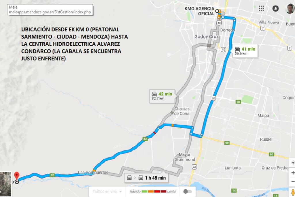 MAPA DESDE LA CIUDAD DE MENDOZA KM 0 PEATONAL SARMIENTO HACIA LA CABAÑA PAVESE.