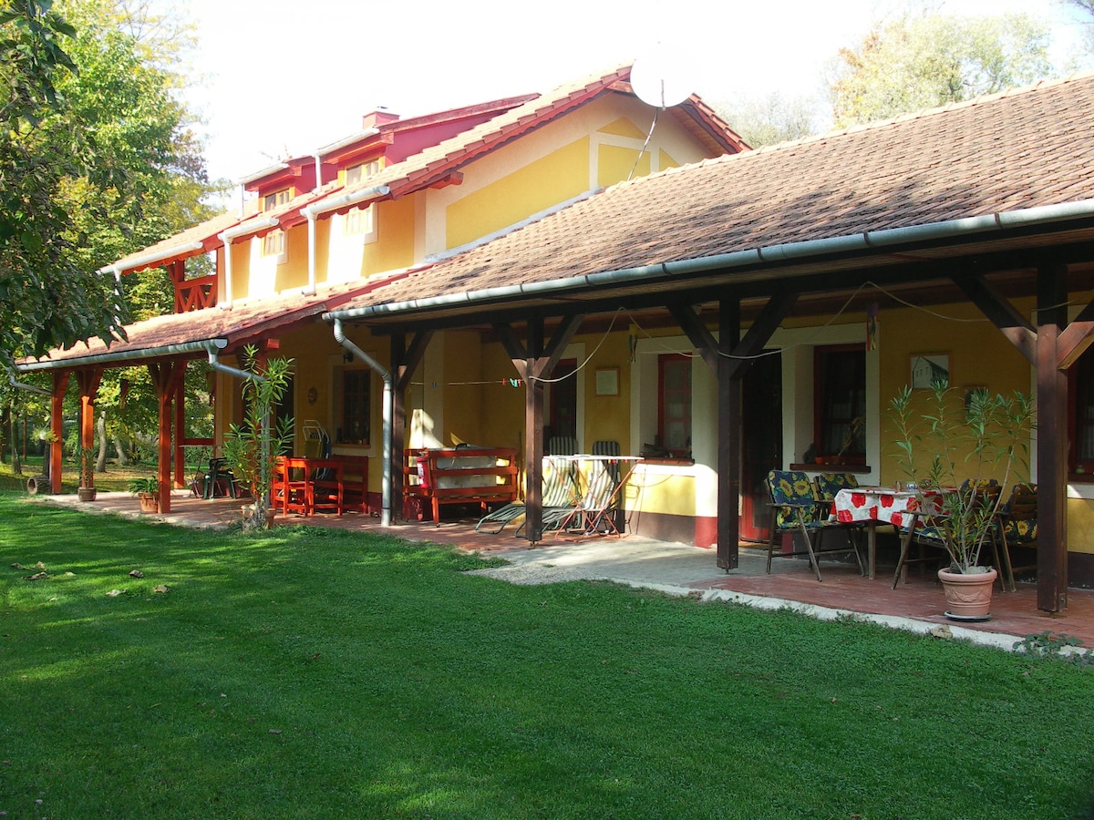 The exterior view of the apartment complex is framed by a wide porch supported by wooden beams. Colorful furniture adorns the outdoor seating area, with lush green grass extending towards the shaded trees, creating a tranquil environment perfect for relaxation.