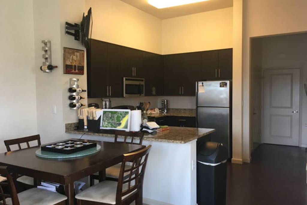 Breakfast Bar, Wine Rack & Dining Room Area, Bar Stools, Tall Wood Table