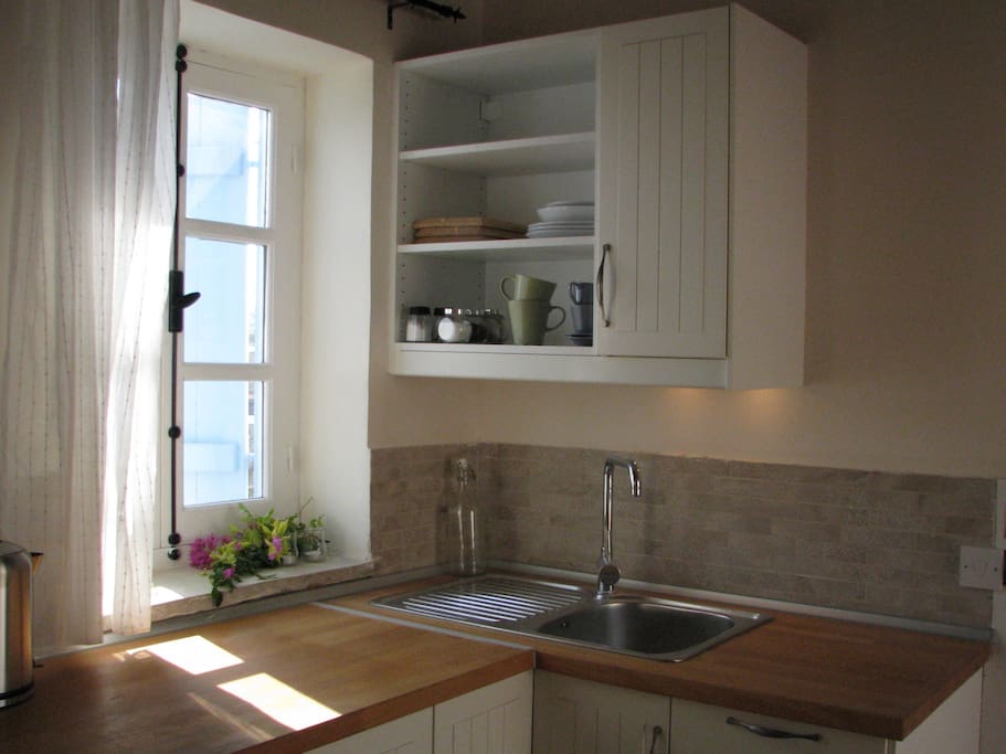 kitchenette with hot plate, toaster, fridge and mirowave