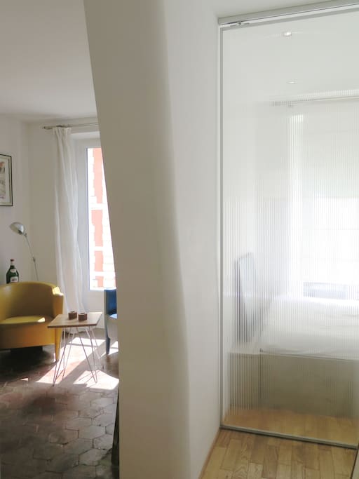 Une entrée lumineuse sur le séjour et la chambre.