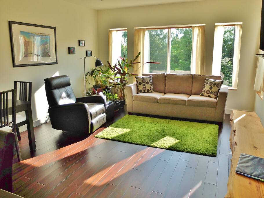 A view of the living room including a comfortable pull out couch for 2 extra guests (total of 4 guests). Take note of the electric reclining chair - wildly comfortable after a day of adventuring or just for relaxing in. Curl up and enjoy the views from your windows, watch a movie, or get lost in a good book.
