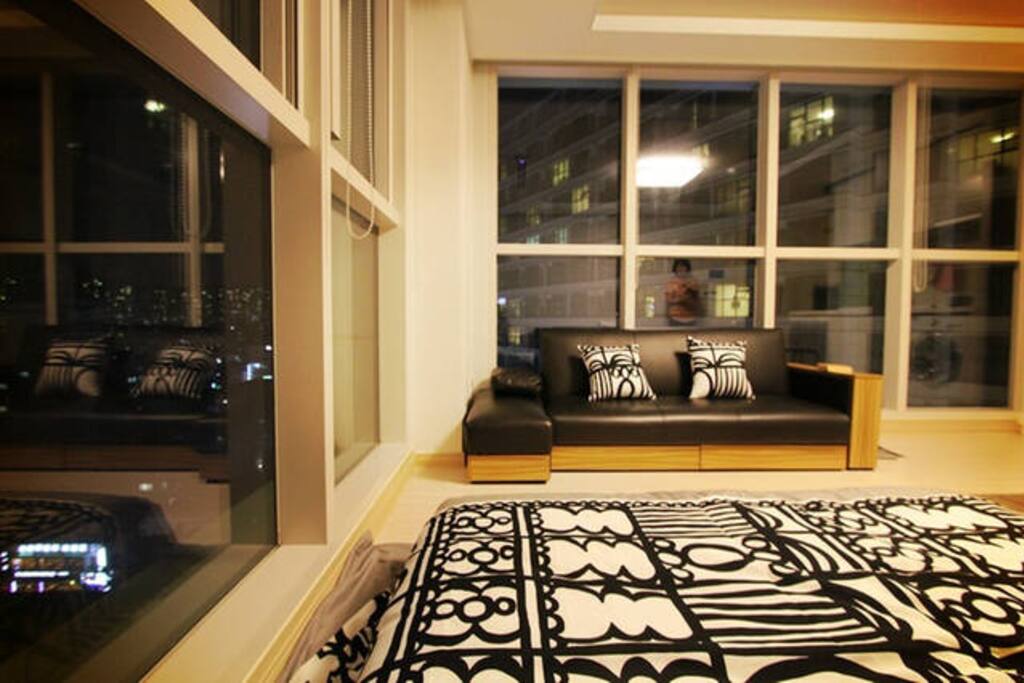 The sofa(couchette) and bed
