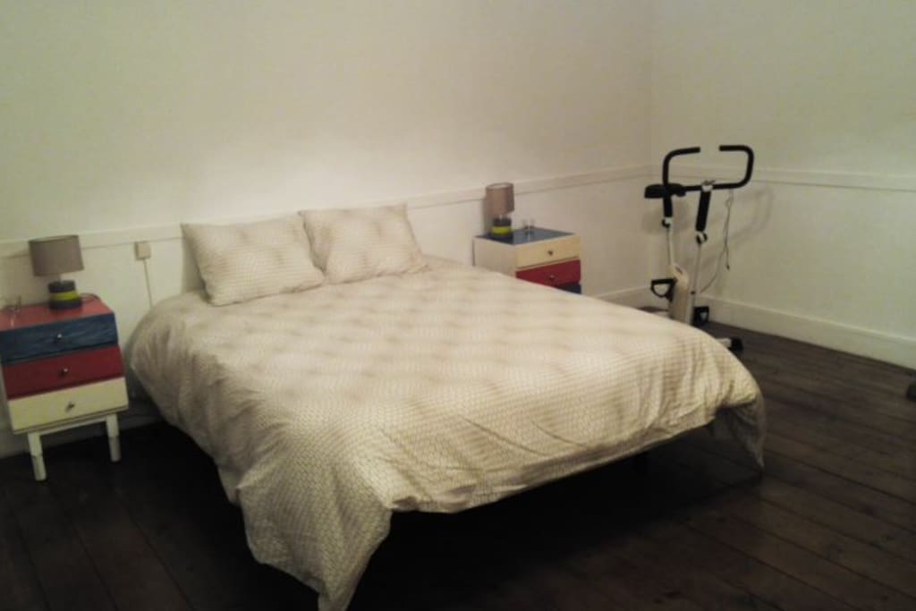 The room has a double bed, mirror, closet, a desk , individual and ceiling lighting and gym equipment.