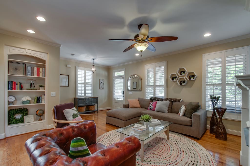 Large, open, and light-filled living room. Great space to relax and reload for your Nashville adventure.