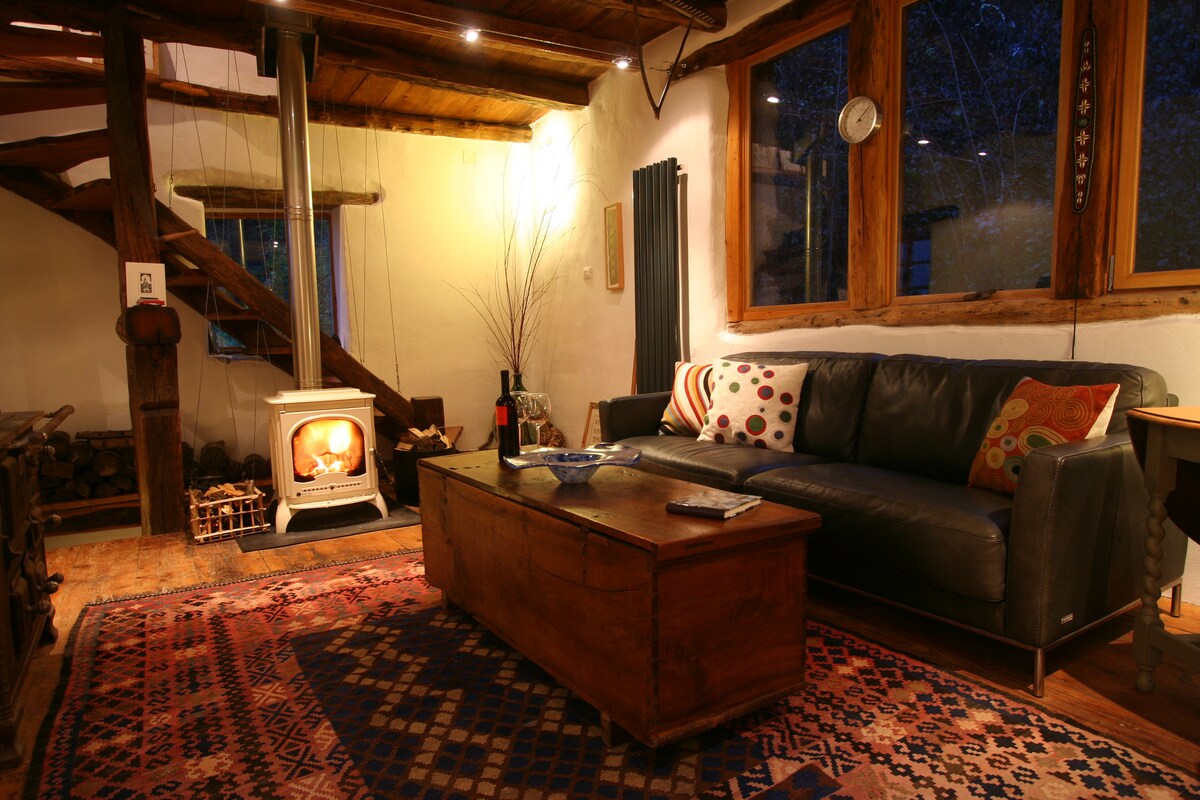 A cozy lounge area features a comfortable leather sofa adorned with decorative cushions. A wooden coffee table sits in front, complemented by a warm woodburning stove. The textured rug adds warmth to the wooden floor, while the soft glow from windows illuminates the inviting space.