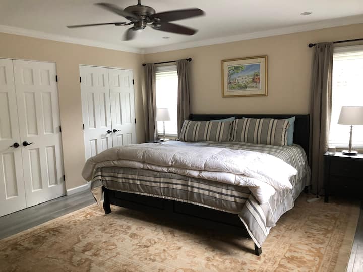 Large King bed. We have air conditioners and fans to keep you cool.