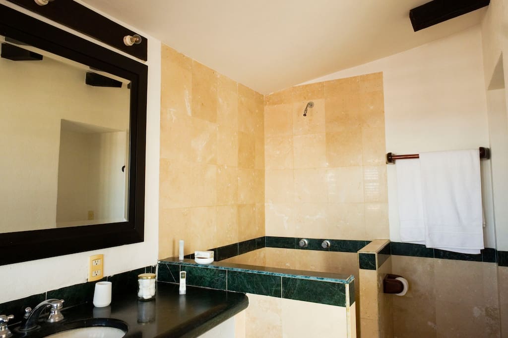 La madera con el mármol acompañan a este espacioso baño, donde puedes dejar entrar la iluminación natural o la calidez de la luz de vanidad del gran espejo. La cubierta de mármol verde del lava manos, ademas de bella es tan amplia que podras colocar todos tus articulos comodamente.