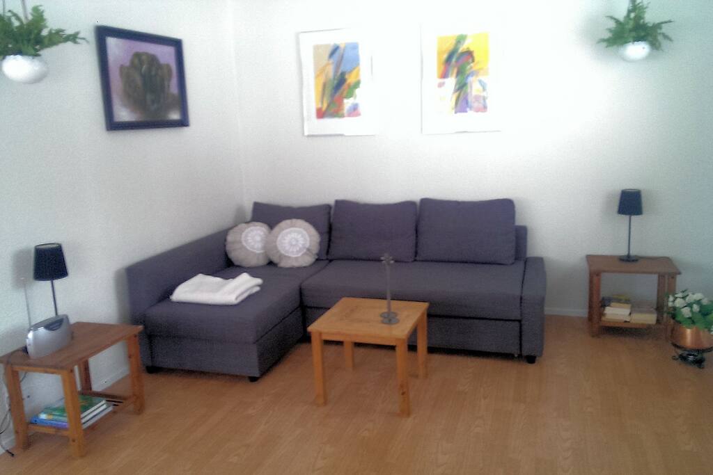 Stue med 2 gode sovesofaer og nye topmadrasser 140 x 200