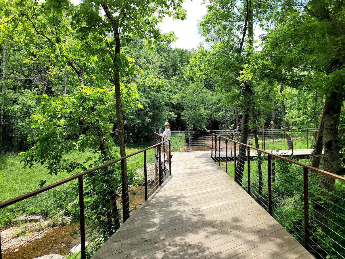 A wooden walkway is surrounded by lush greenery and tall trees, leading toward a peaceful waterway. The path is lined with dark metal railings, providing safety and an inviting atmosphere for exploration.