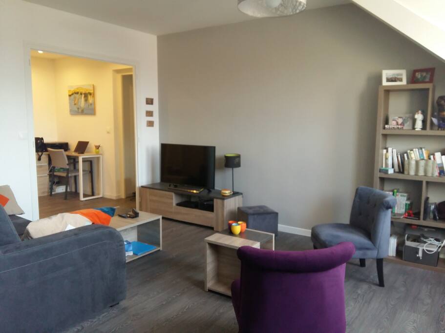Grand salon lumineux équipé canapé convertible, fauteuils et grande TV avec Netflix