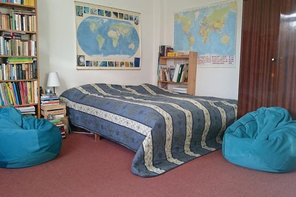bedroom with king size bed and books instead of TV :)