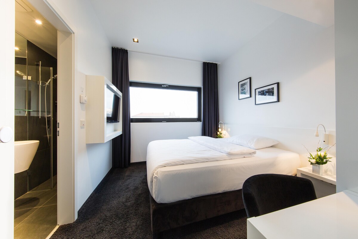 A modern room features a spacious bed with white linens and dark furnishings. A large window allows natural light to fill the space, while a flat-screen TV is mounted on the wall opposite. A small desk with a plant is visible near the window.