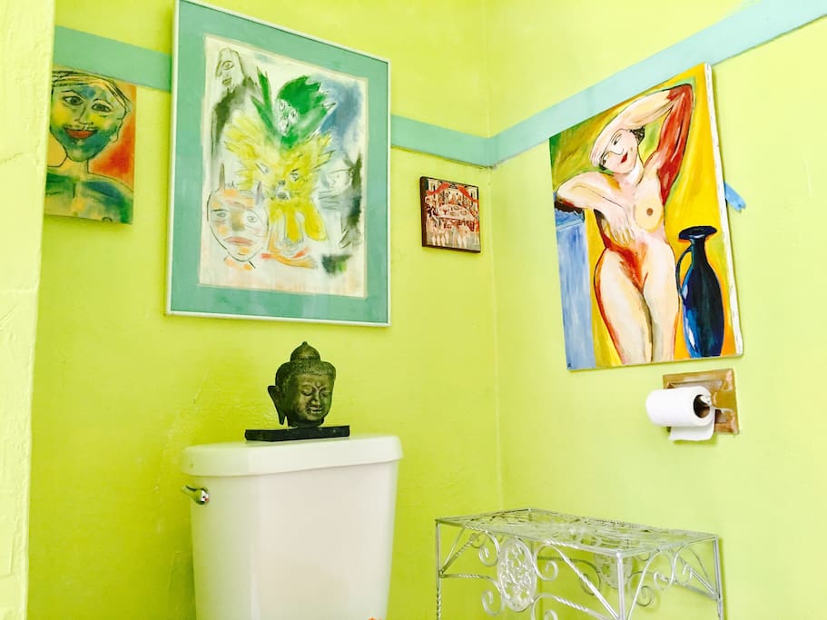 The bathroom, new fixtures and artsy decor!