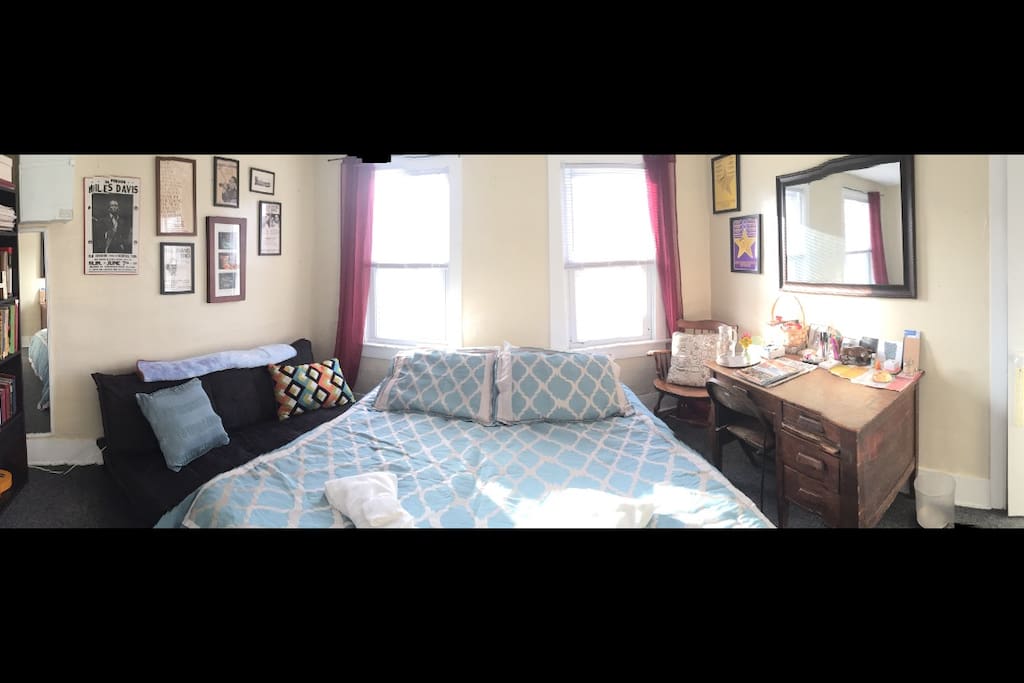 This is your bedroom! Welcome guests! 5 star rated queen air mattress (truly comfortable) choice of 4 pillows, plus 2 decorative pillows, fresh linens and towels, as well as light snacks and amenities await you.