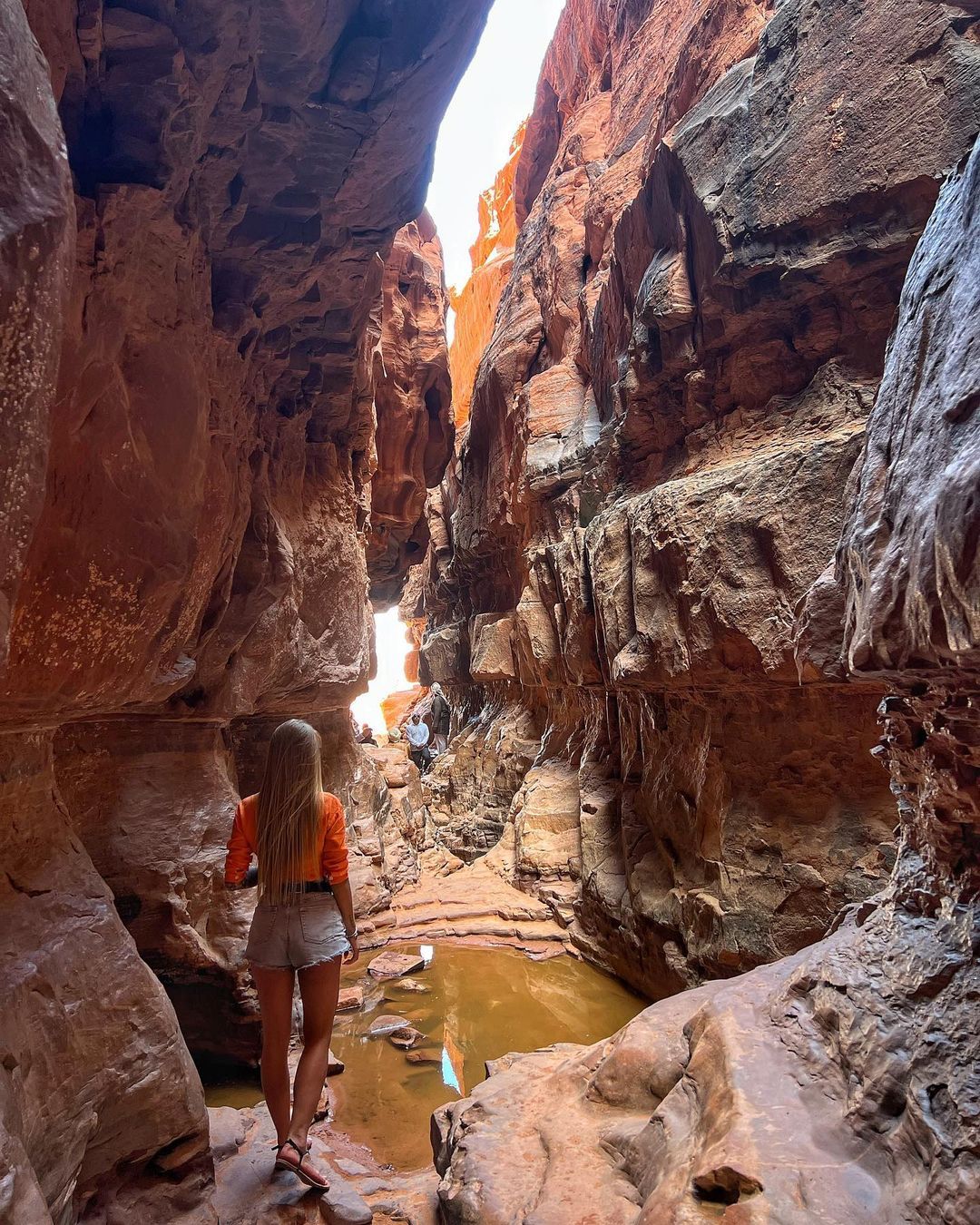A narrow canyon is portrayed, with towering red rock formations on either side. A pool of water is visible on the rocky ground, reflecting the warm tones of the rocks. A person stands in the foreground, gazing at the bright opening of the canyon above.