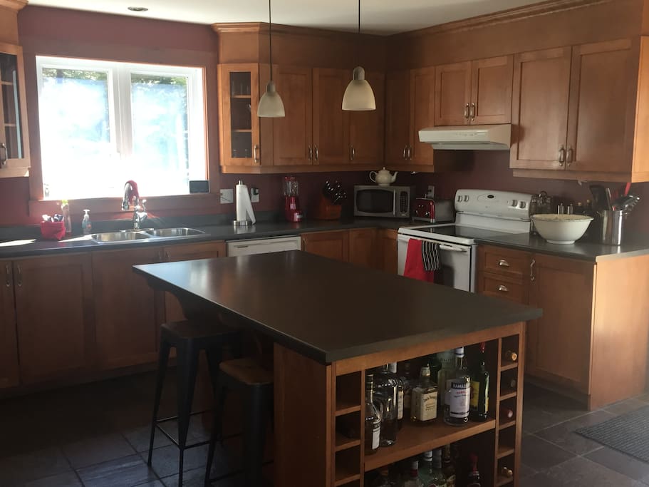 Large kitchen with great island open to living and dining