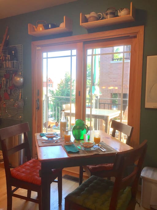The eat-in kitchen has a table for meals. Or, take your food onto the deck. Coffee, tea, & fresh fruit are available here.
