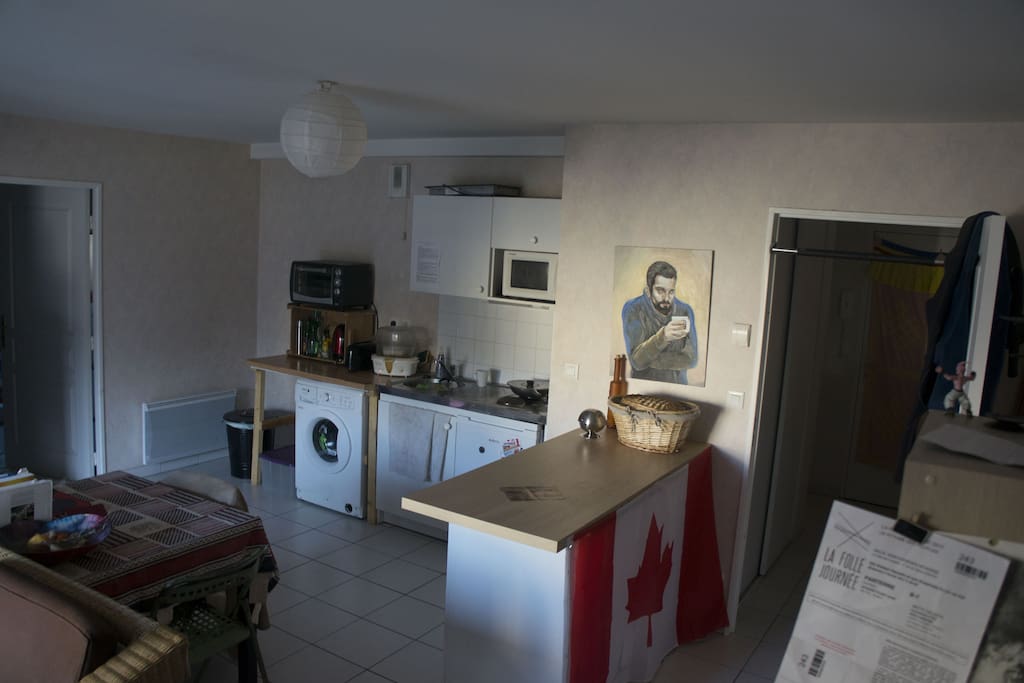 La cuisine dans la pièce principale, avec un lave linge, un petit four et un micro-onde.