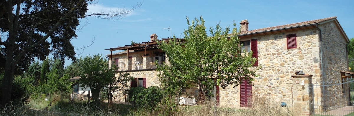 A stone farmhouse with a rustic facade features red window shutters and a covered terrace supported by wooden beams. Surrounding greenery includes trees and shrubs, contributing to a serene atmosphere. The structure's design reflects traditional Tuscan architecture, with ample natural light illuminating its exterior.