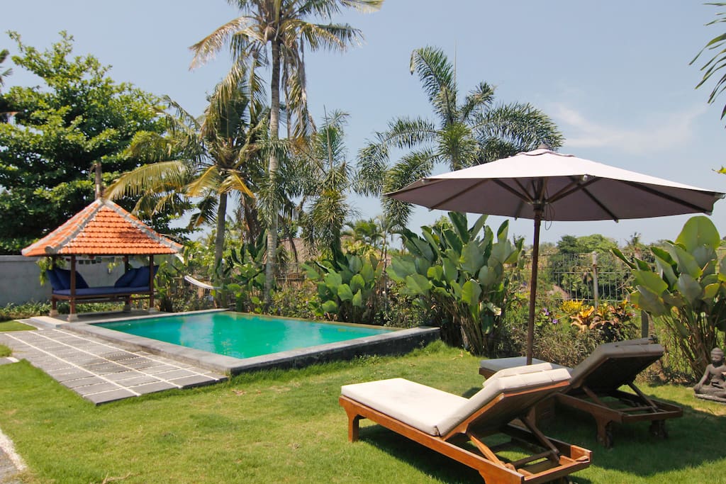 Cool off in the pool while enjoying the view! Sun loungers, bale (shaded seating area), garden dining table and BBQ all for your use.