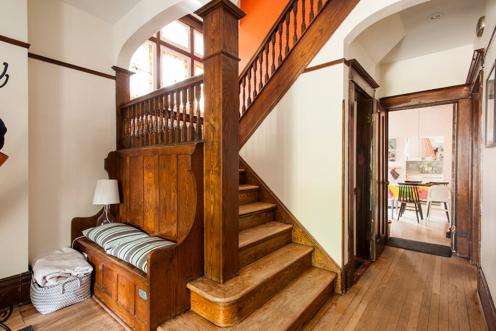 Front hall for a comfortable family arrival. Staircase . The stairs are creeky but safe, please keep in mind this is a century old home. The floors are original to the house, they are old but clean.