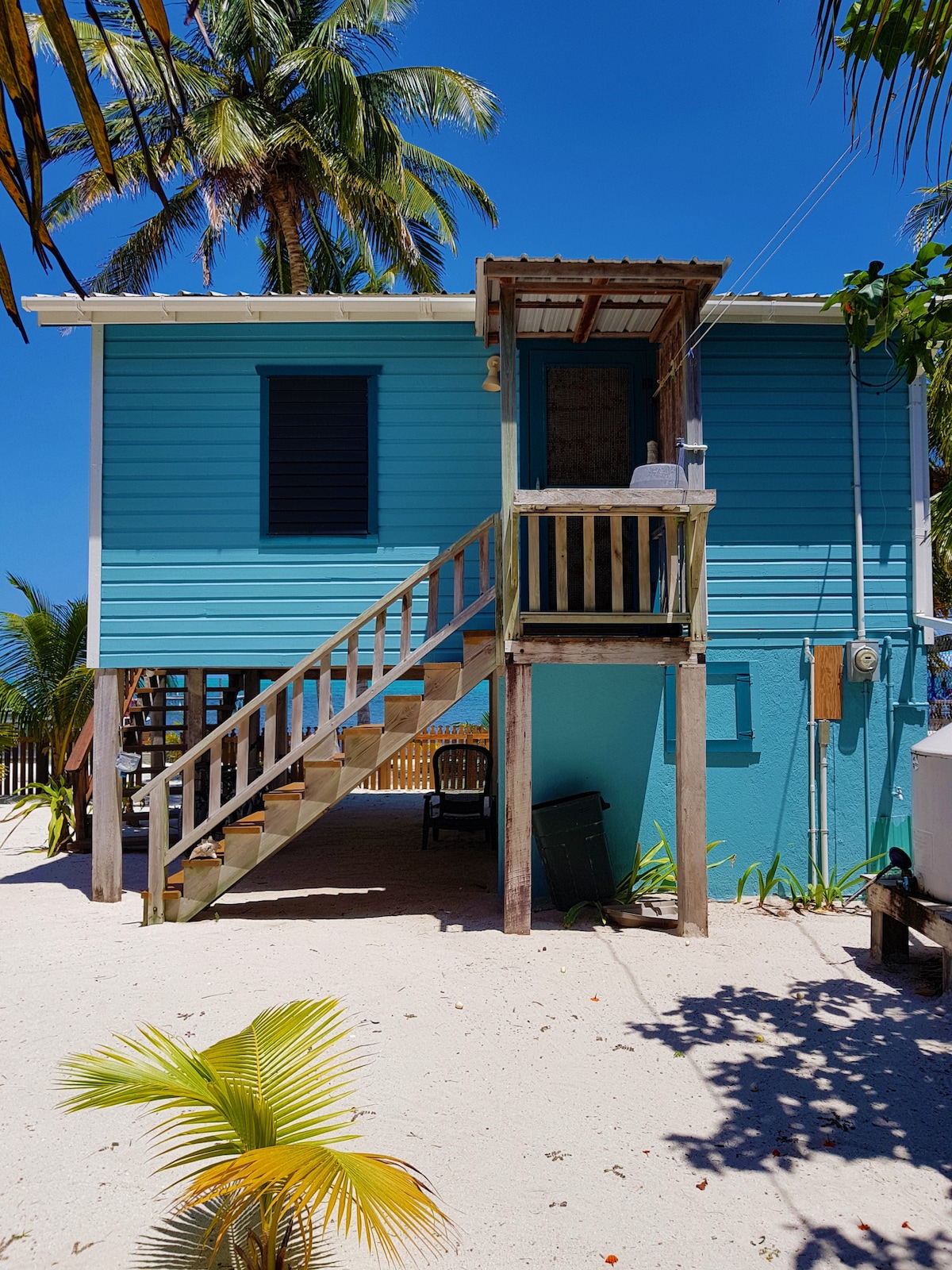 A beachfront cottage with a vibrant blue exterior is shown, featuring a set of wooden stairs leading to a covered porch. Palm trees surround the property, while sandy ground adds to the coastal setting. The cottage is elevated on stilts, enhancing views of the area.