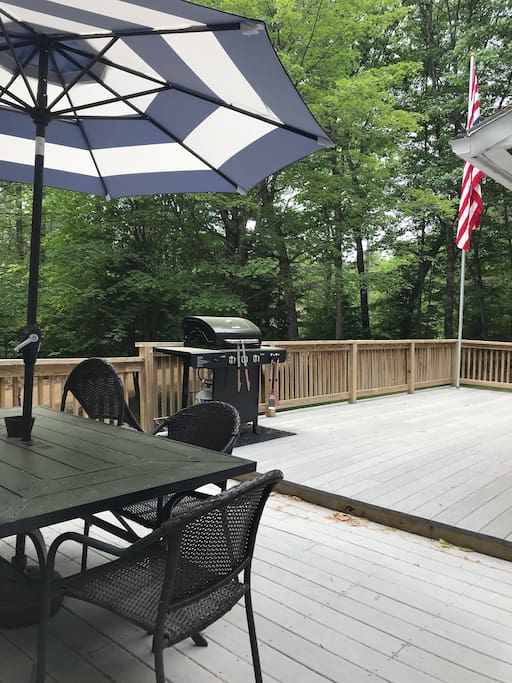 Gas grill and patio set to enjoy our sunny, spacious front deck