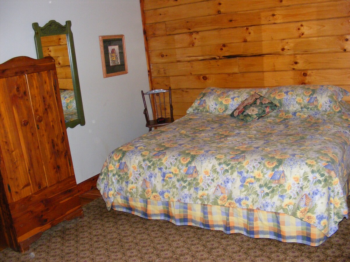 Bedroom in main living area with king bed