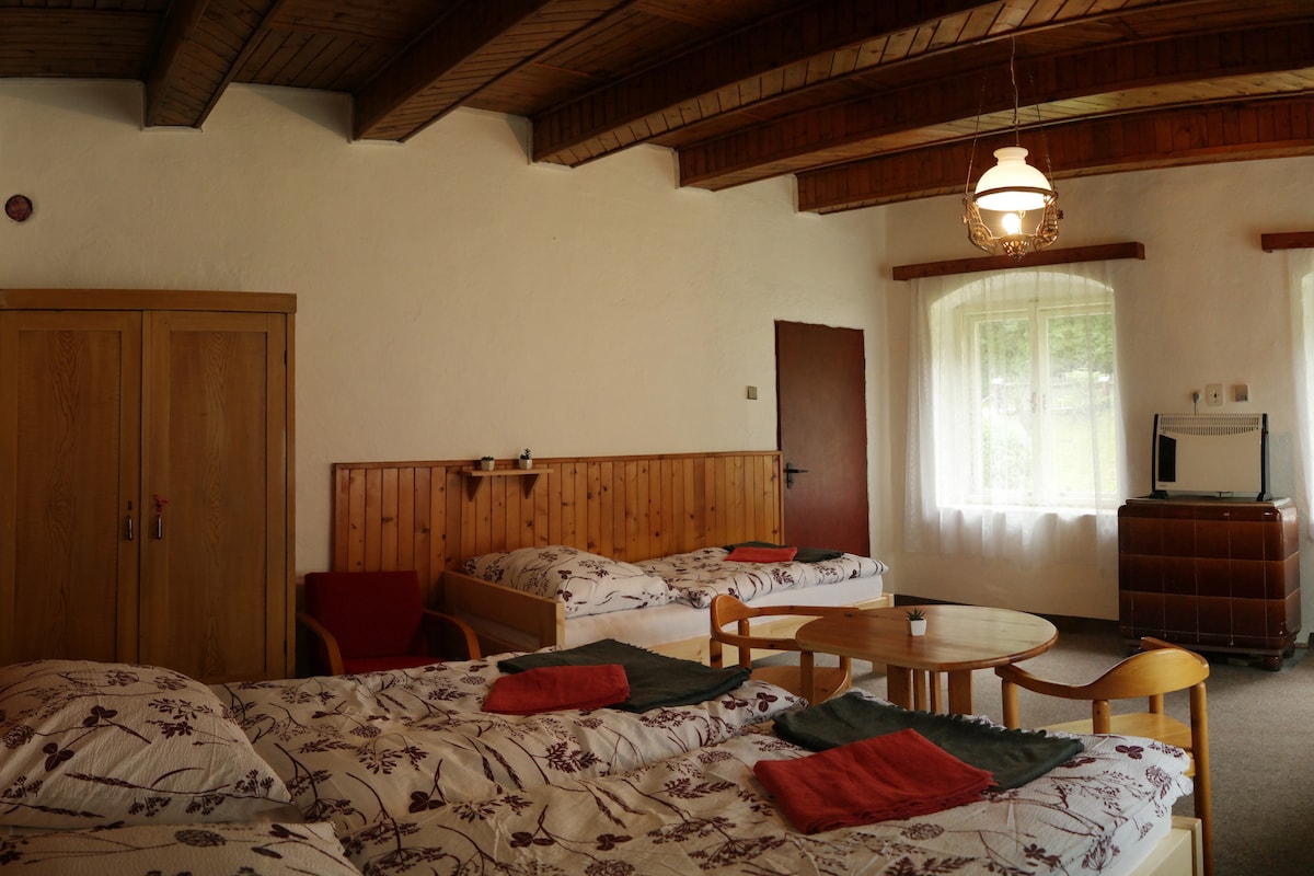 A spacious room features two beds with floral-patterned bedding, complemented by wooden furniture. A circular table stands in the center, with a small candle placed atop. Natural light filters through a large window adorned with lace curtains, and a vintage television is positioned nearby.