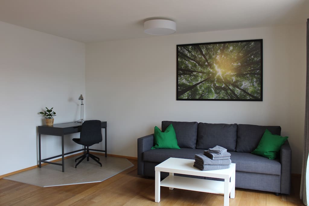 Schlafcouch und Schreibtisch