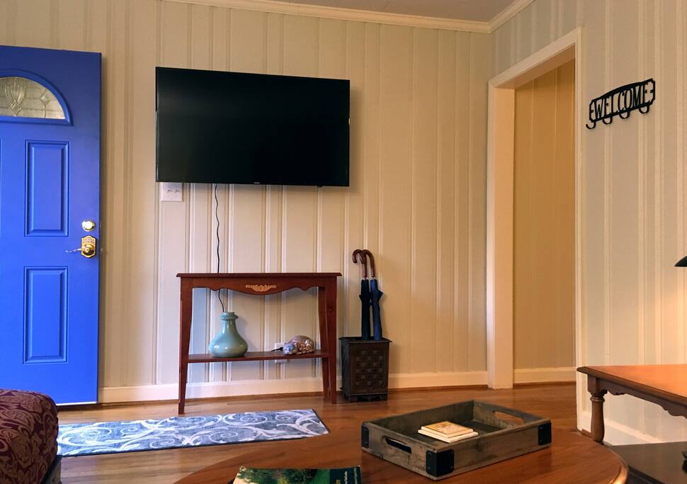 When relaxing in the living room, tune in to Netflix, Amazon Prime and Hulu. There is an antenna hook up giving some access to local channels. WXII 12, local to Winston Salem, is usually available.