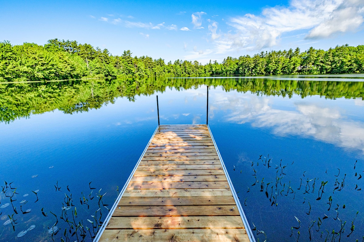 A wooden dock extends into the calm waters of Littlefield Pond, surrounded by lush greenery. The still surface of the water reflects the blue sky and trees, creating a serene atmosphere. Delicate plants can be seen in the water near the dock, enhancing the natural beauty.