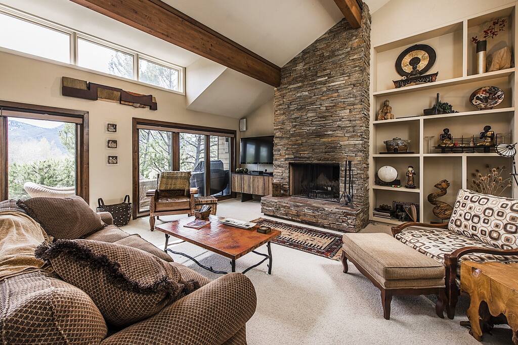 Spacious living room with artifacts from all over the world