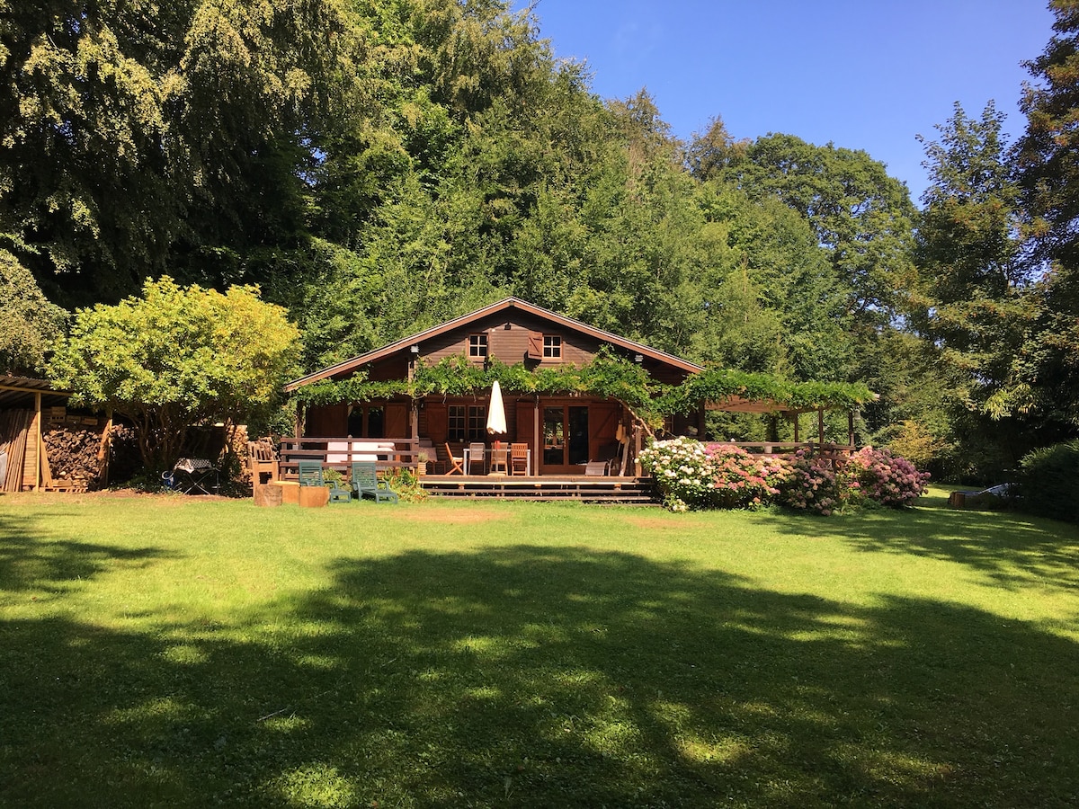A wooden chalet is surrounded by lush greenery, featuring a spacious deck adorned with potted plants and wooden seating. A white umbrella provides shade over part of the deck, while vibrant flowers add color to the serene landscape. The forest backdrop enhances the natural setting.