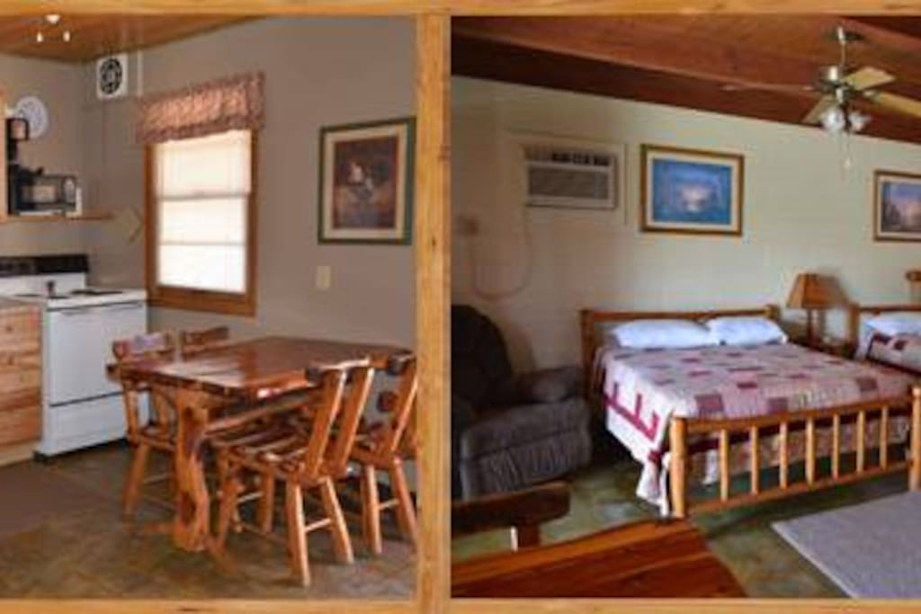 Inside one of our 1-bedroom cabins with two full beds.