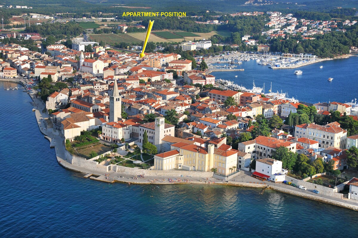 An aerial view showcases a coastal town with buildings characterized by red rooftops and a mix of historic and modern architecture. The waterfront is lined with greenery, and a marina is visible in the distance. The apartment's location is indicated within a pedestrian-friendly area.