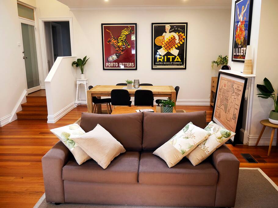 Dining area and sofa.